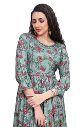 Green Frock Style One Piece Dress with Floral Print and Belt